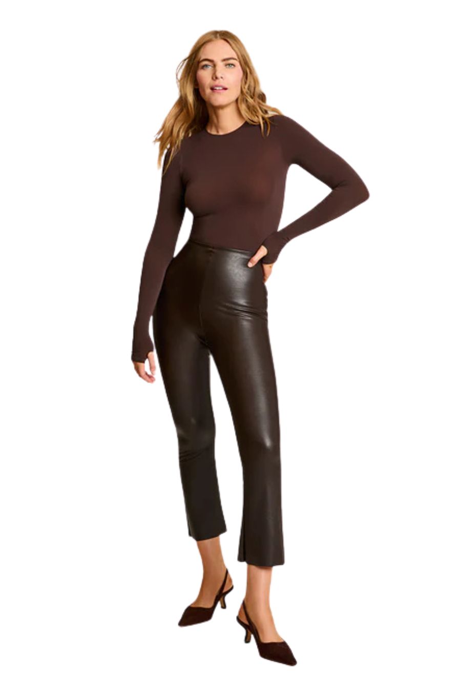 Faux Leather Crop Flare Legging in Espresso