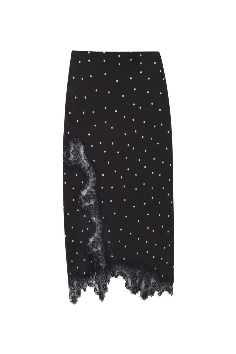 Olivia Polka Dot Crepe and Lace Midi Skirt in Black/Cream