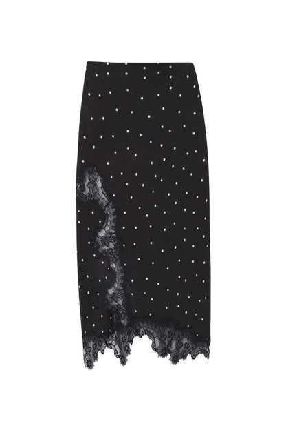 Olivia Polka Dot Crepe and Lace Midi Skirt in Black/Cream
