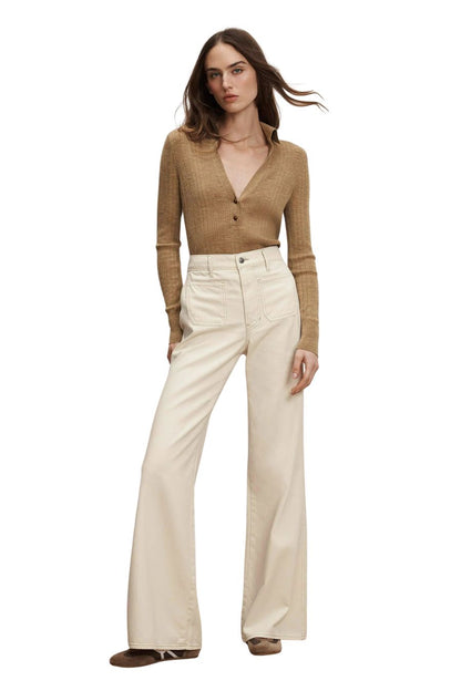 Kasey Patch-Pocket Wide-Leg Jean in Ecru