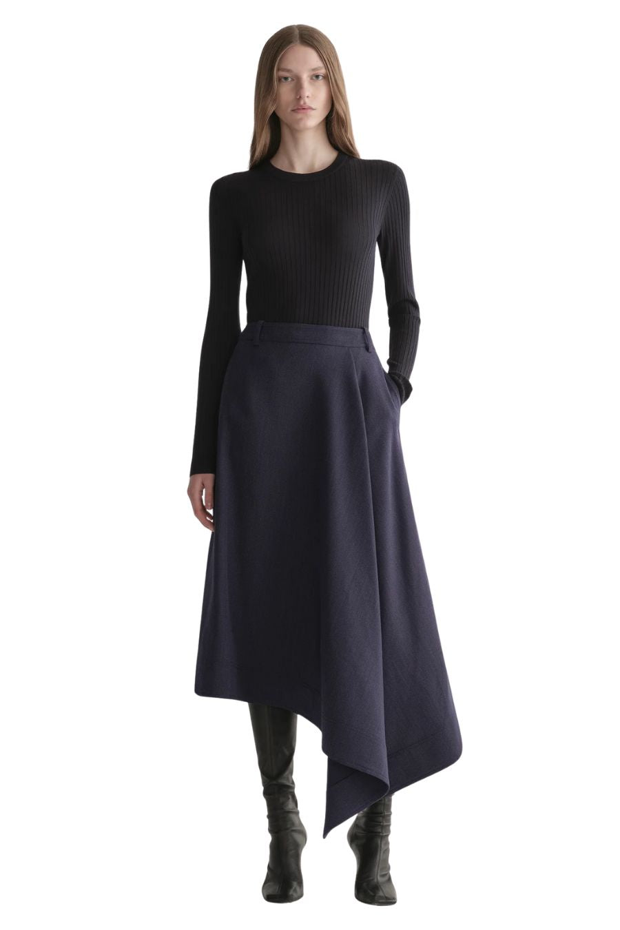 Gael Melange Twill Midi Skirt in Navy Melange