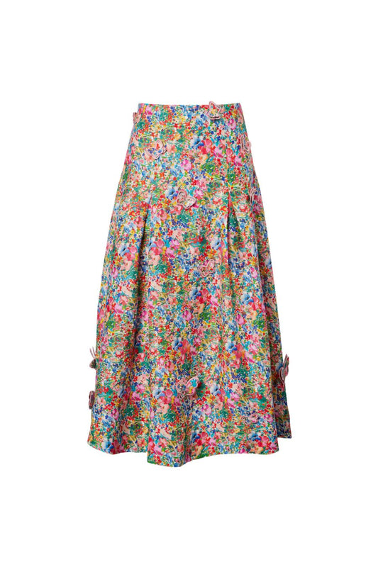 Peasant Floral Butterflies Maxi Skirt in Off-White