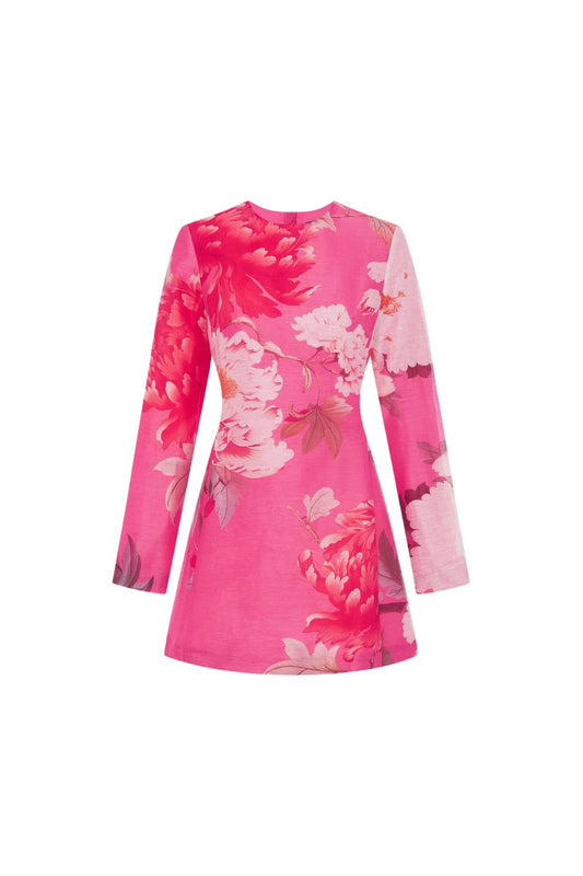 Aliza Long Sleeve Mini Dress in Peony Print in Fuchsia