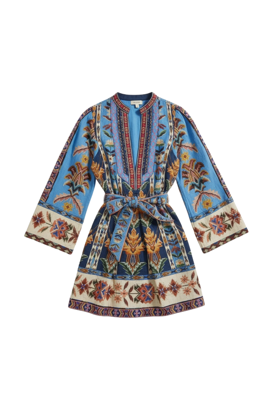 Embroidered Tapestry Mini Dress in Blue
