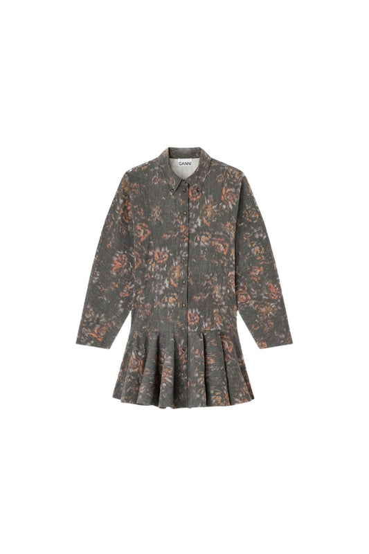 Printed Stretch Cotton Buttoned Mini Dress in Phantom