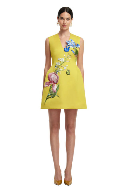 Bree V Neck Embroidery Mini Dress in Mustard