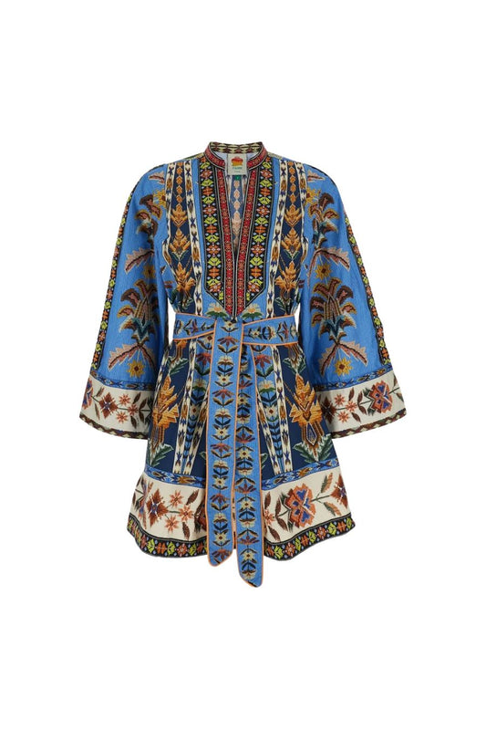 Embroidered Tapestry Mini Dress in Blue