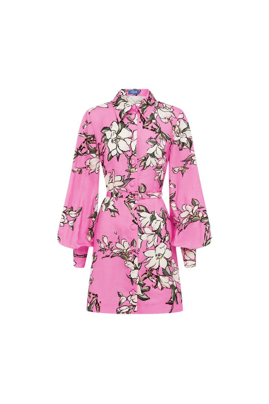 Luminous Linen Mini Dress in Pink Magnolia Print
