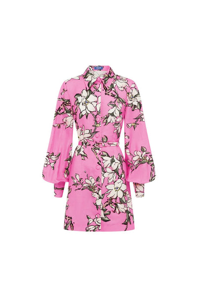 Luminous Linen Mini Dress in Pink Magnolia Print