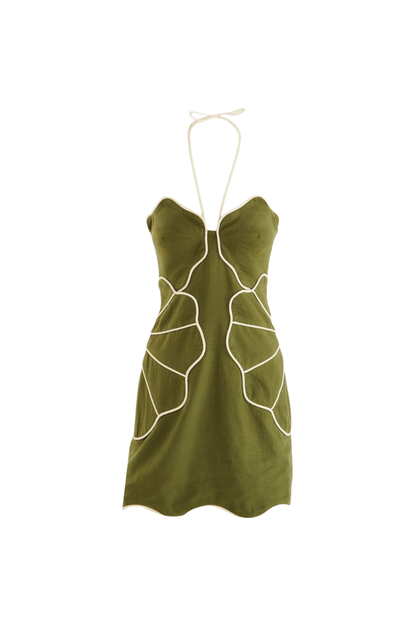 Green Wavy Trim Halter Neck Mini Dress