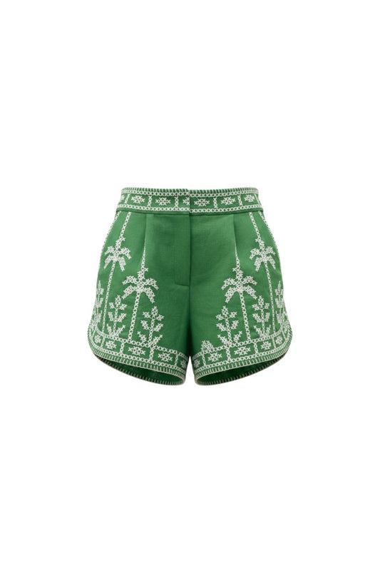 Bicolor Cross Stitch Embroidery Shorts in Green