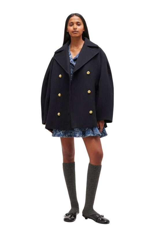 Dark Blue Wool Oversized Midi Peacoat
