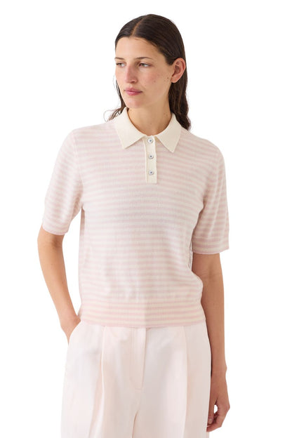 Amelia Stripe Cashmere Polo Top in Ivory/Petal