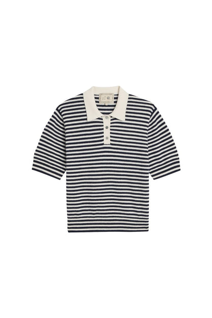 Amelia Stripe Cashmere Polo Top in Ivory/Navy
