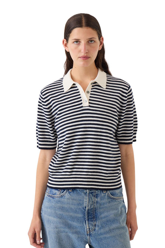 Amelia Stripe Cashmere Polo Top in Ivory/Navy