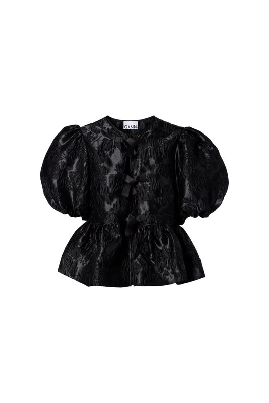 Satin Cloque Peplum Blouse in Black