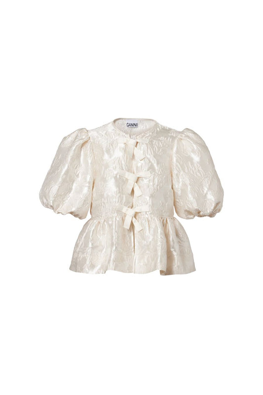 Satin Cloque Peplum Blouse in Egret