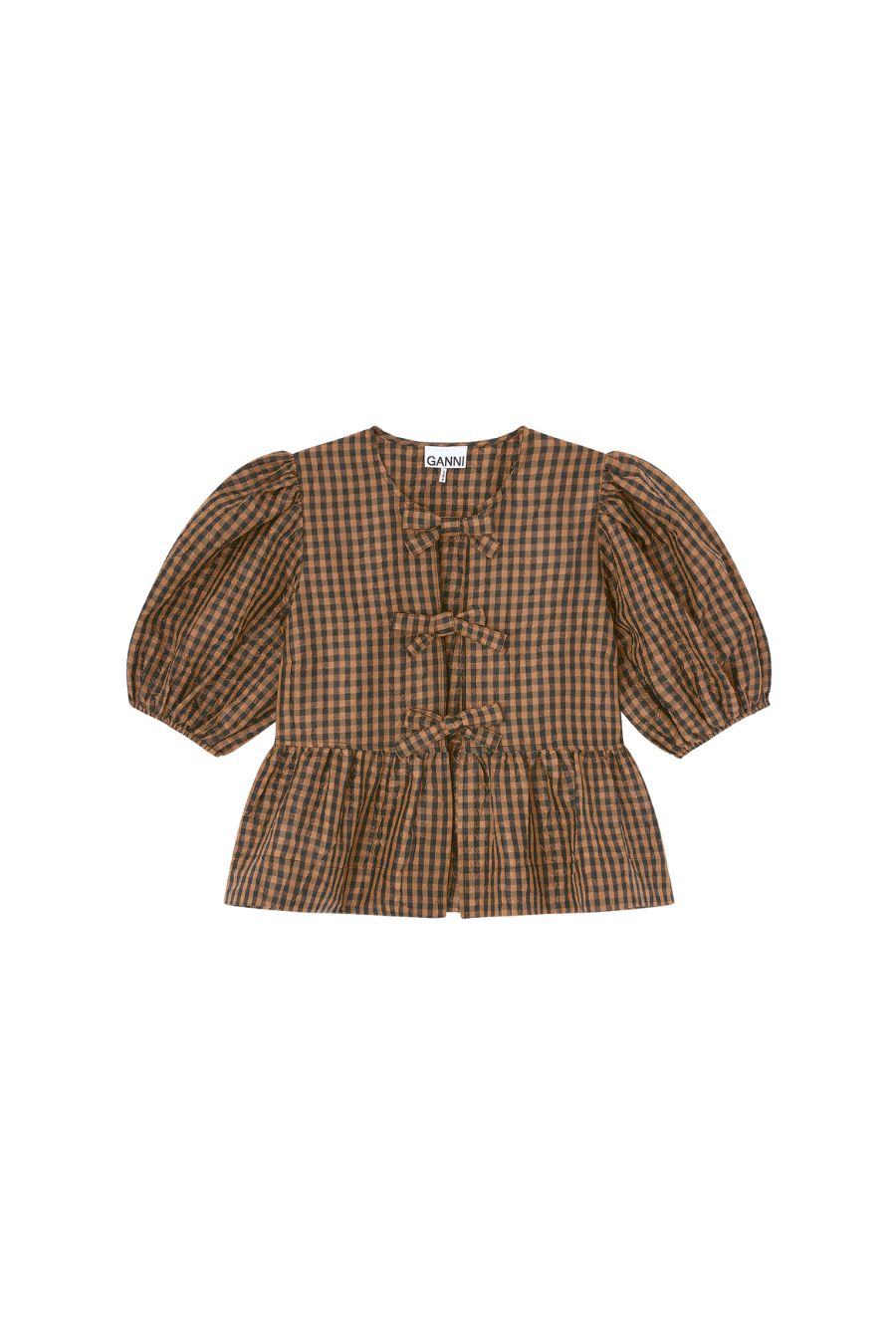 Crinkled Check Blouse in Tobacco Brown