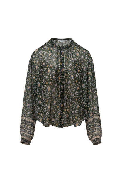 Lollie Floral Button-Down Blouse in Dark Hunter Green Multi