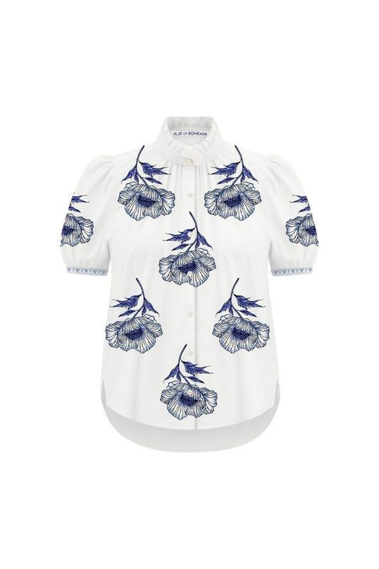 Winnie Indigo Poppy Shirt in Off White/Blue