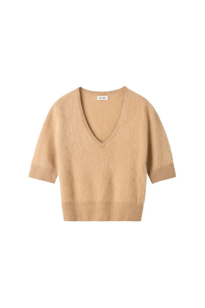 Brushed V-Neck T-Shirt in Camel