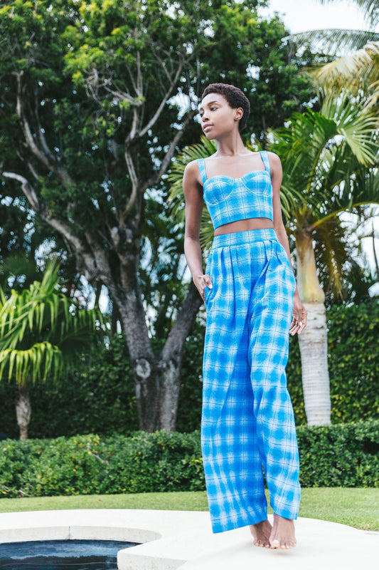 Claudine Top in Blue Plaid