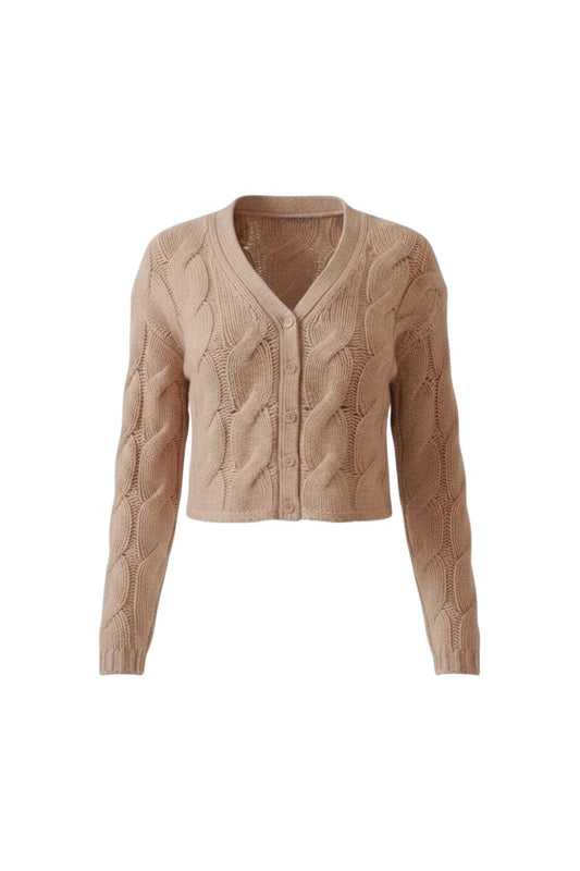 Jolie V-Neck Cropped Cable Cashmere Cardigan in Dune Heather