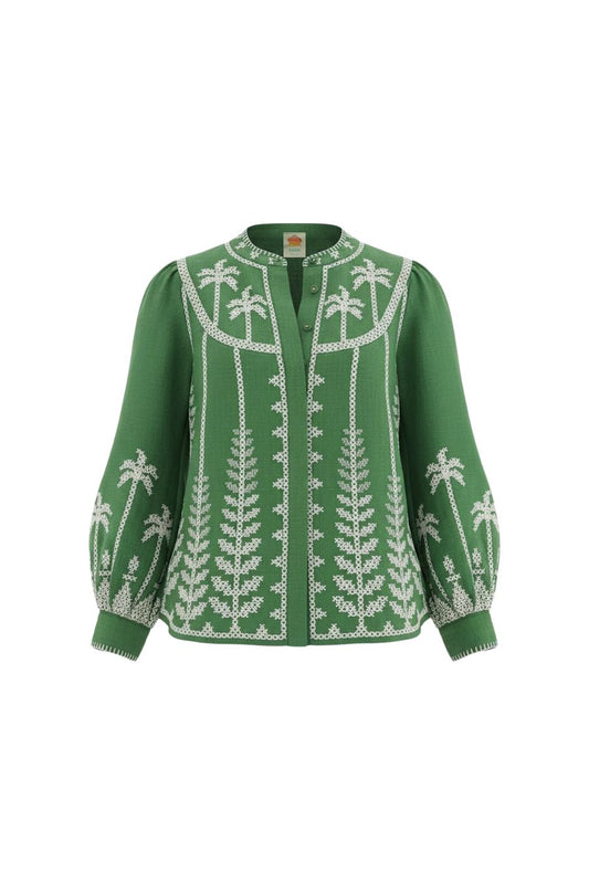 Bicolor Cross Stitch Embroidery Blouse in Green