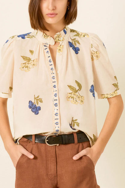 Winnie Blueberry Flora Shirt in Off-White