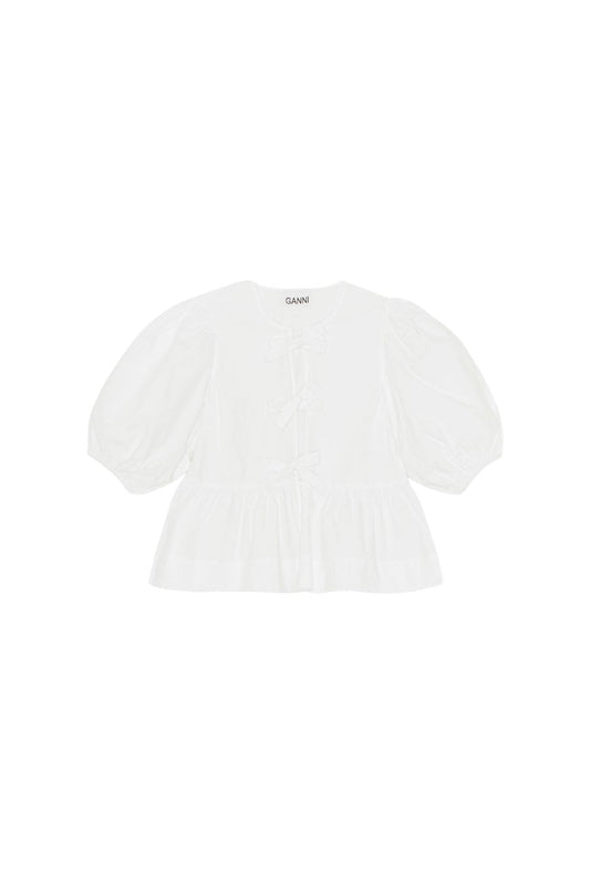 Cotton Poplin Peplum Tie Blouse in White