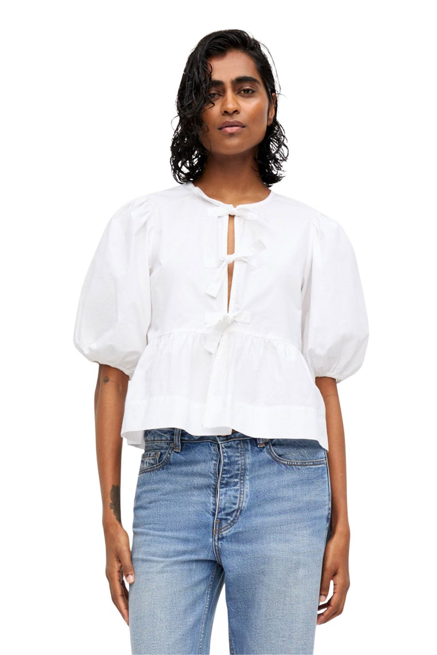 Cotton Poplin Peplum Tie Blouse in White