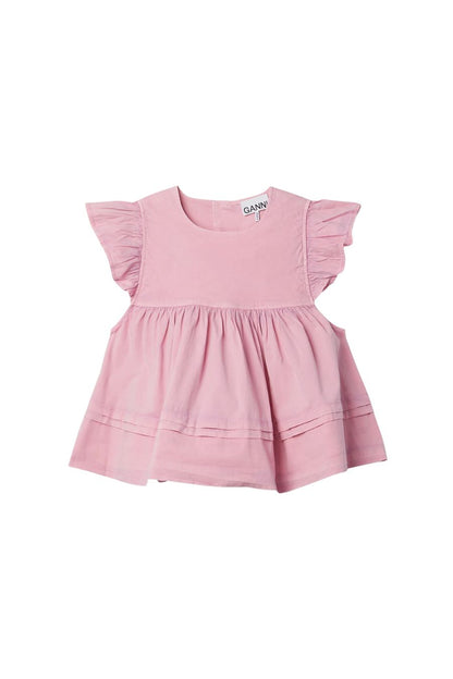 Washed Stretch Cotton Frill Sleeve Top in Bleached Mauve