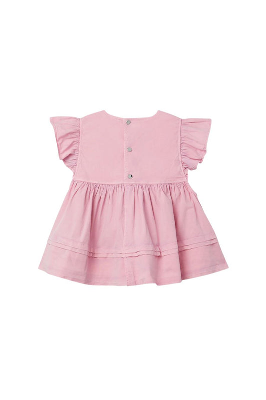 Washed Stretch Cotton Frill Sleeve Top in Bleached Mauve