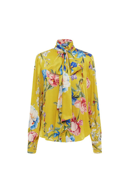Freya Tie Neck Silk Blouse in Mustard Garden Print