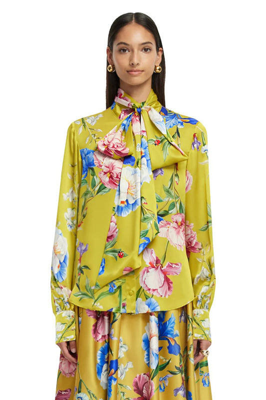 Freya Tie Neck Silk Blouse in Mustard Garden Print