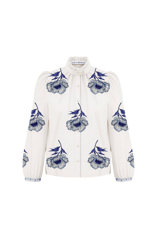 Annabel Indigo Poppy Shirt in Off-White