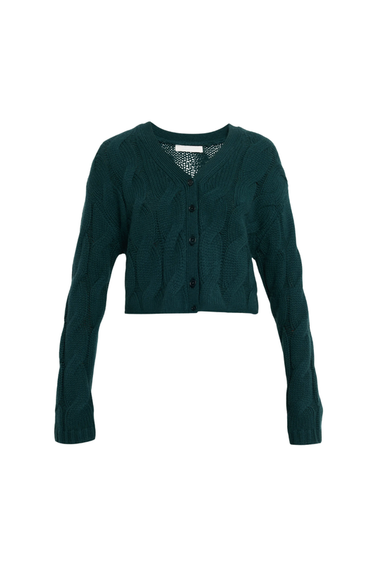 Jolie V-Neck Cropped Cashmere Cable Knit Cardigan in Sacremento
