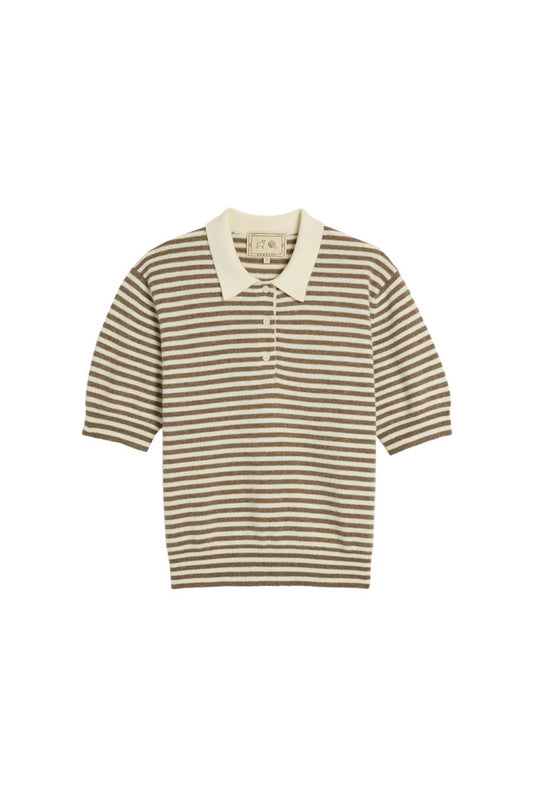 Amelia Stripe Cashmere Polo Top in Ivory/Beige