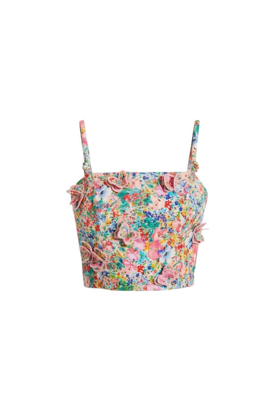 Peasant Floral Butterflies Top in Off-White