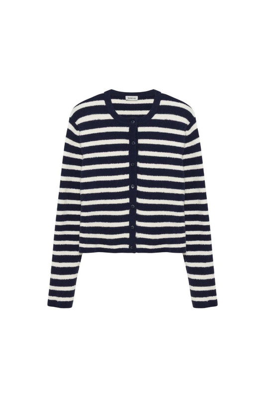 Harland Crewneck Cardigan in Midnight Stripe