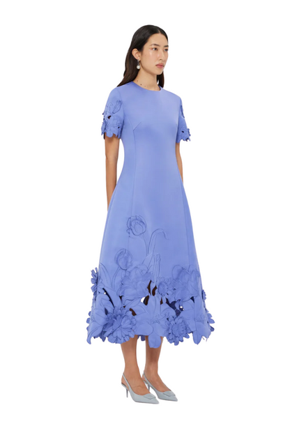 Caroline Appliqué Short Sleeve Midi Dress in Midnight