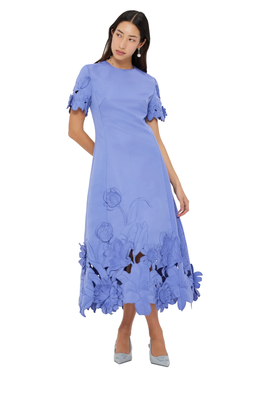 Caroline Appliqué Short Sleeve Midi Dress in Midnight