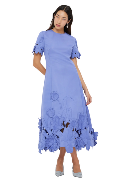 Caroline Appliqué Short Sleeve Midi Dress in Midnight