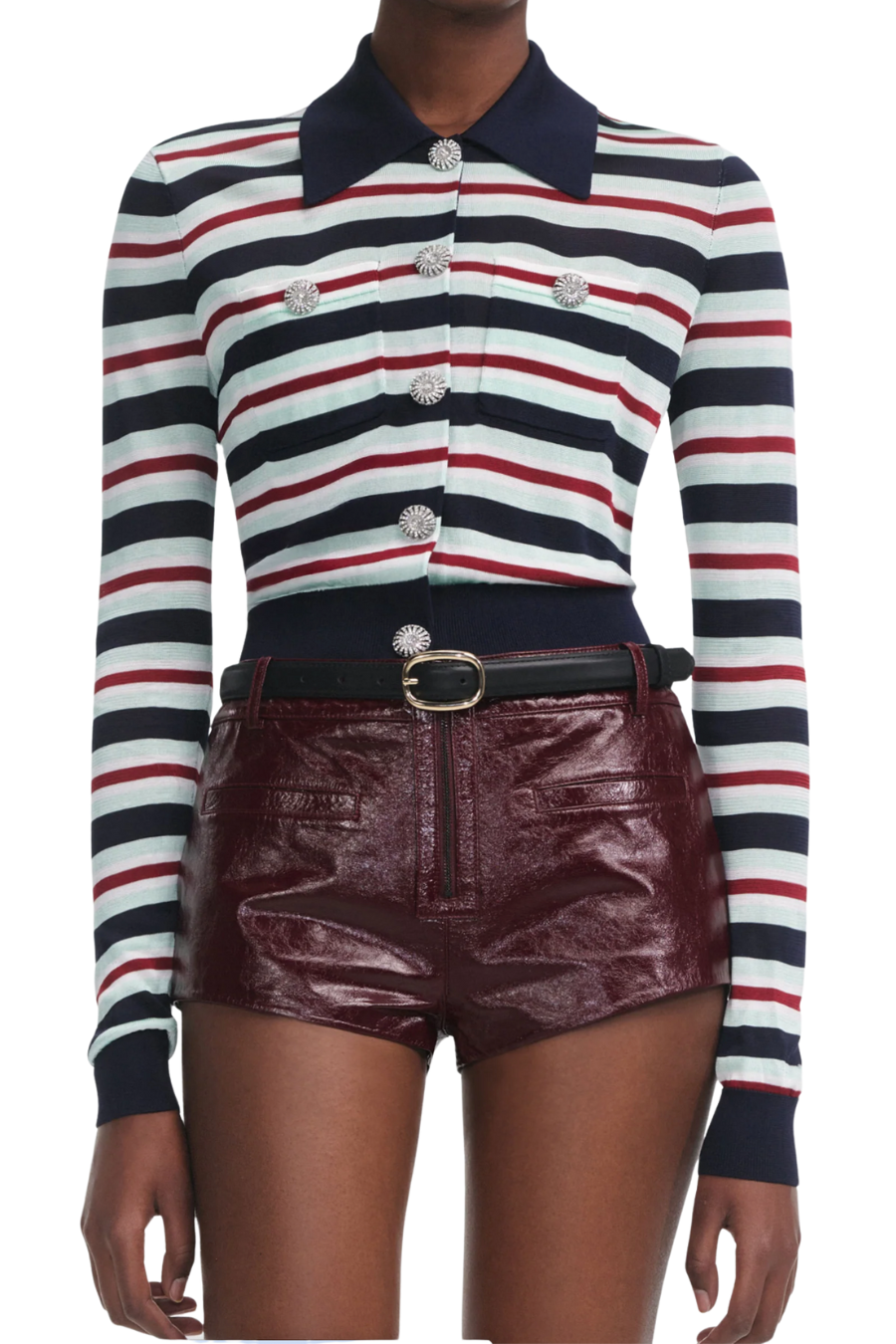 Navy Striped Viscose Knit Top