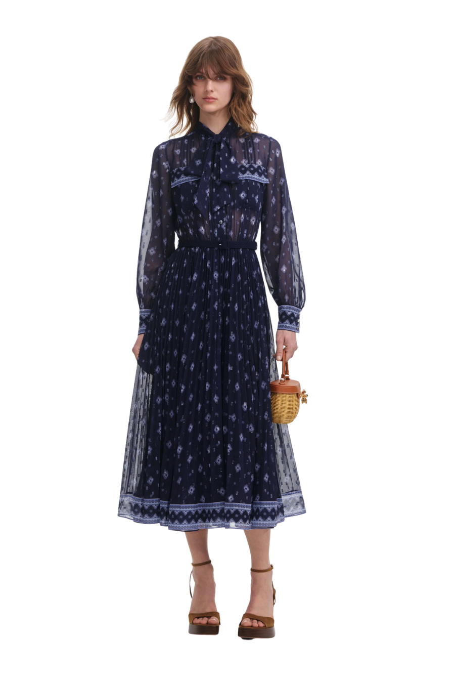 Printed Chiffon Midi Dress in Navy