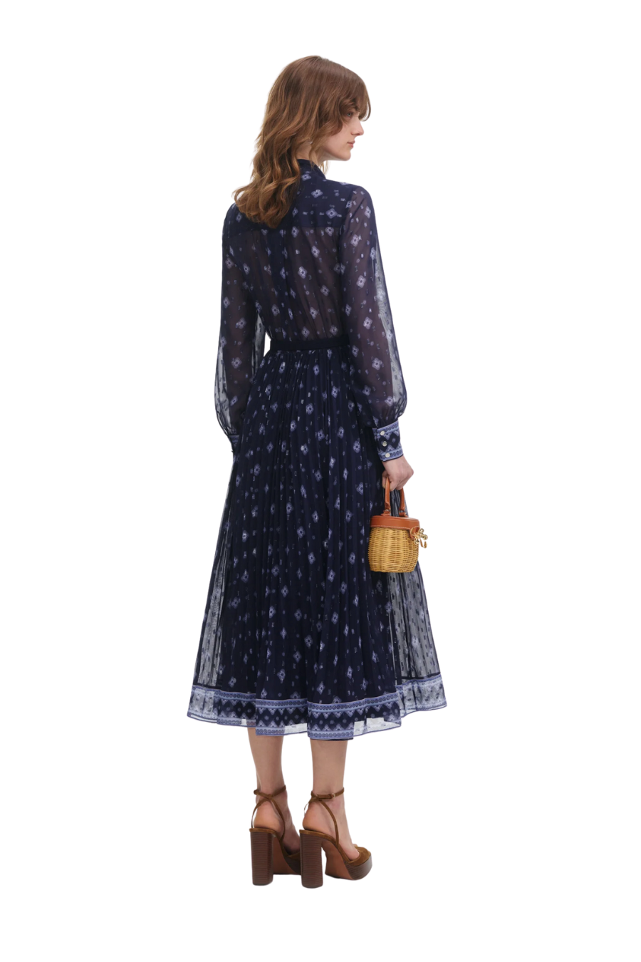 Printed Chiffon Midi Dress in Navy