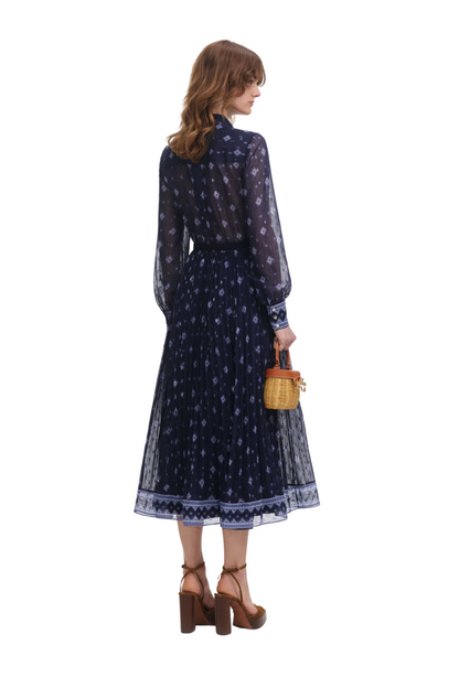 Printed Chiffon Midi Dress in Navy