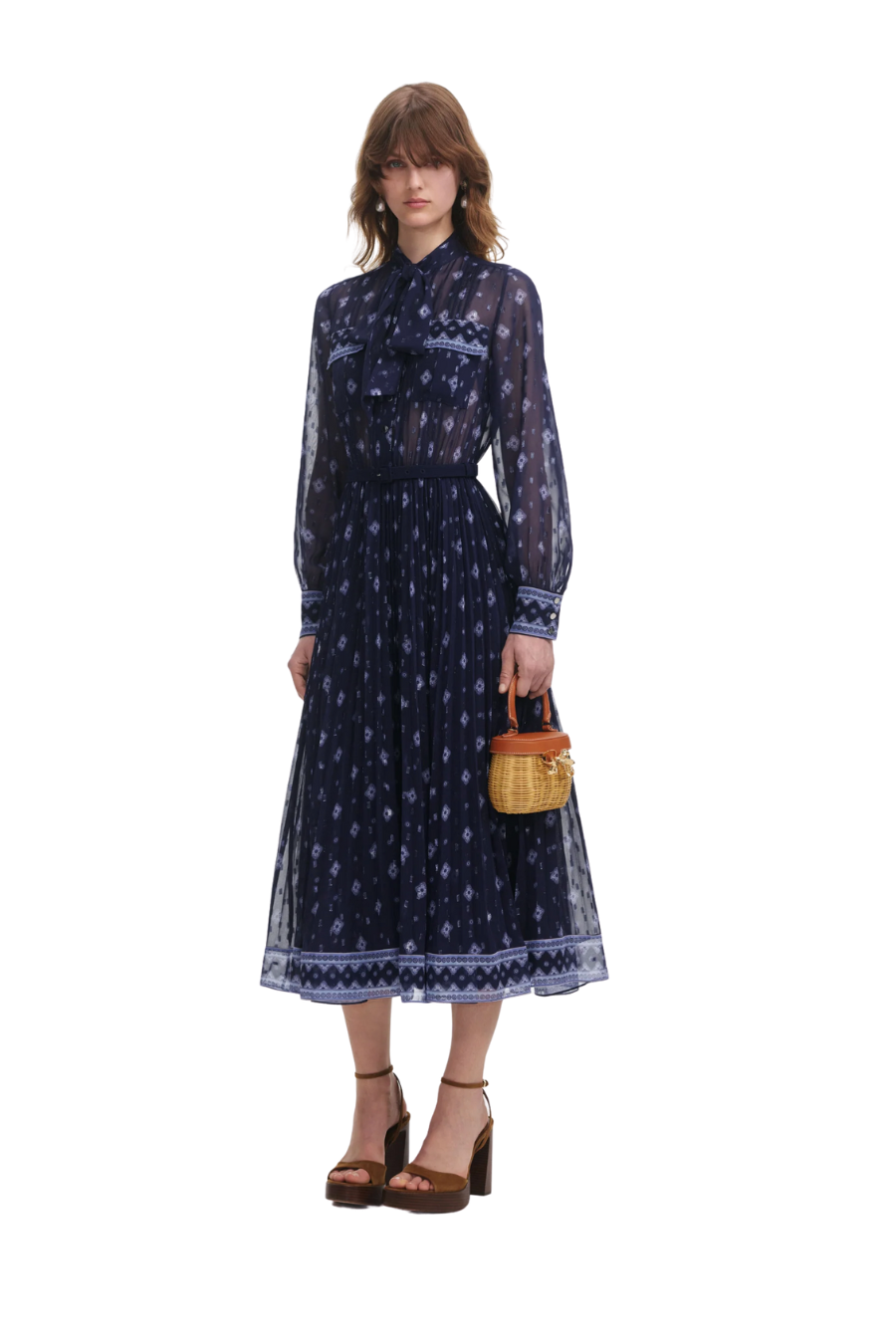 Printed Chiffon Midi Dress in Navy