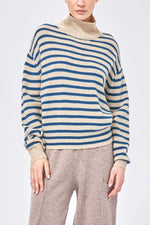 Hannes Turtleneck Stripe Sweater in Oatmeal/Teal Blue Stripe