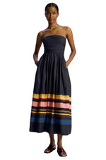 Tate Strapless Midi Dress in Navy Stripe